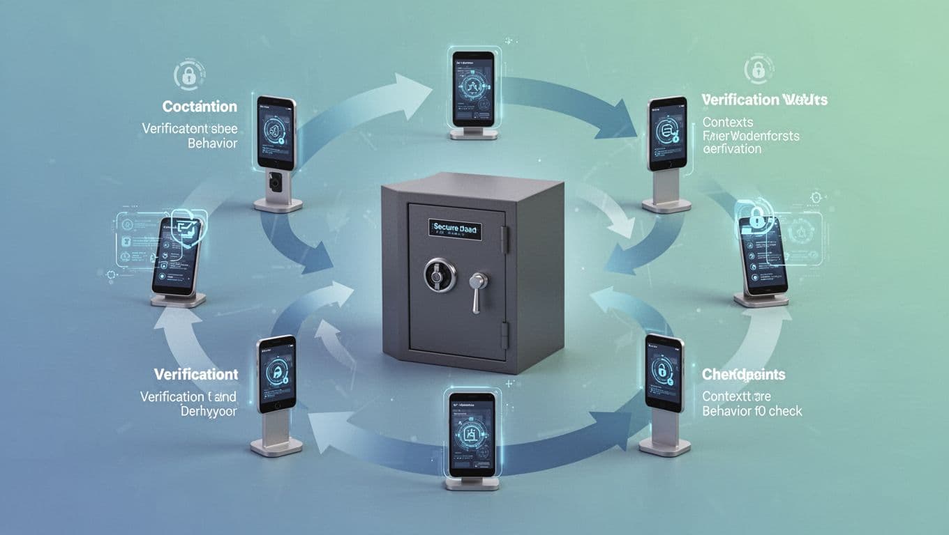 Illustrative diagram of the Zero Trust security model featuring a central secure data vault surrounded by verification checkpoints with icons for user, device, context, and behavior checks, connected by arrows showing continuous monitoring in blue and green vector style.
