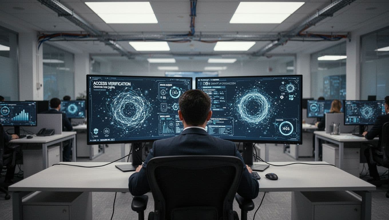 A modern security operations center shows one analyst at a desk with two monitors, with surrounding screens displaying access verification checks, user logins from various devices, and risk signals. This realistic image illustrates continuous verification principles in zero trust identity and access management.
