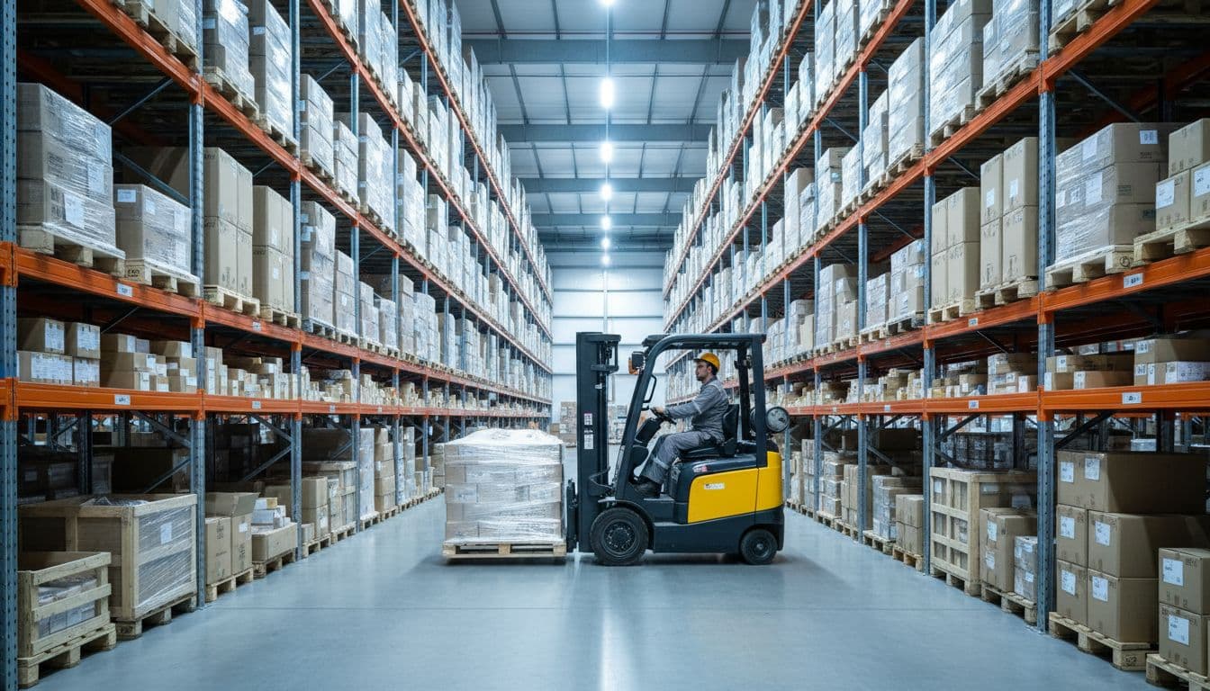 Modern warehouse interior in Abu Dhabi with high shelves stacked with goods and one forklift truck moving a pallet operated by a single relaxed driver. Bright industrial lighting and wide-angle view showcase efficient material flow in realistic photography style. Affordable Forklift Rental Abu Dhabi