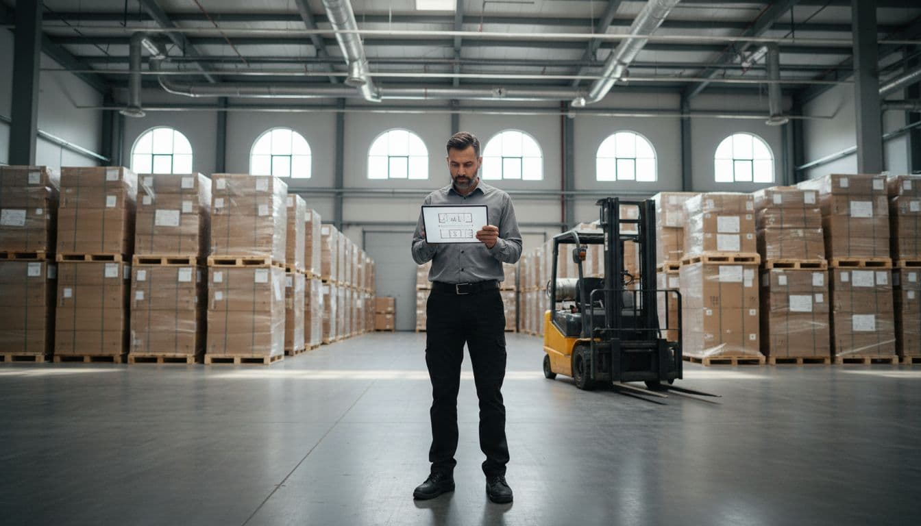 A warehouse manager reviews an optimization layout on a tablet in a modern Abu Dhabi industrial setting, standing near stacked pallets and a forklift in the background with natural light from windows. Affordable Forklift Rental Abu Dhabi