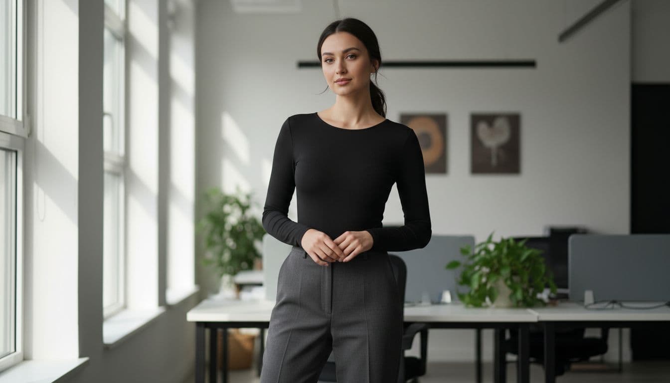 Full-body portrait of a woman standing in a natural office setting, dressed in a tight black bodysuit combined with high-waist straight pants, featuring a balanced silhouette, soft natural light, and realistic fashion photography style.