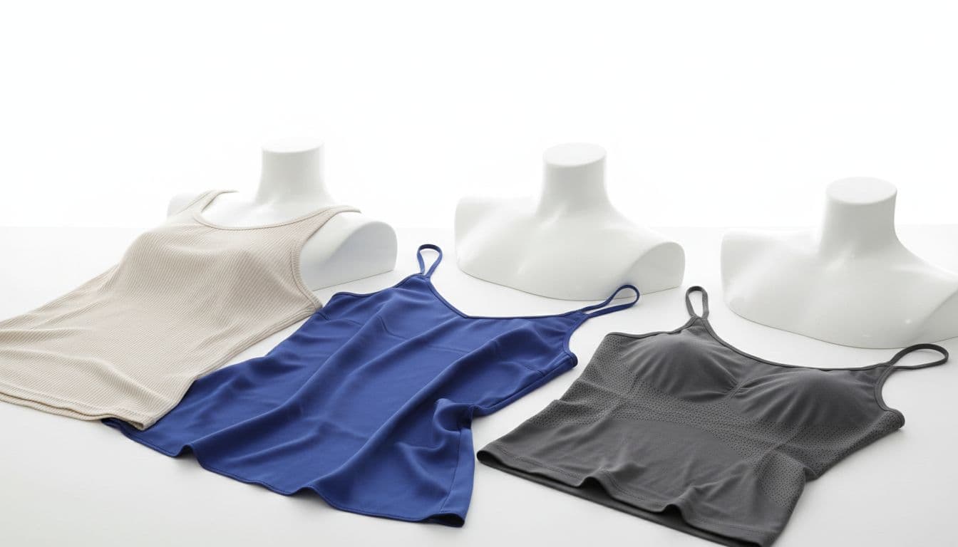 Close-up of various body top fabrics like cotton ribbed, satin-like, and stretchy athletic material arranged neatly on a white table in bright studio lighting, product photography style, no people, no text, no labels.