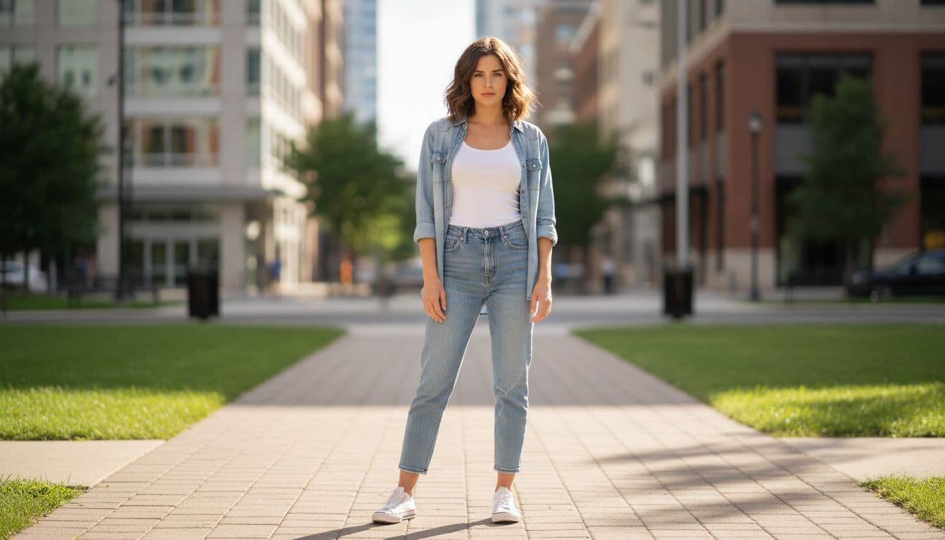 Young woman in fitted white cotton tank top under open light blue denim shirt and high-waisted jeans, standing confidently in sunny urban park with natural daylight.