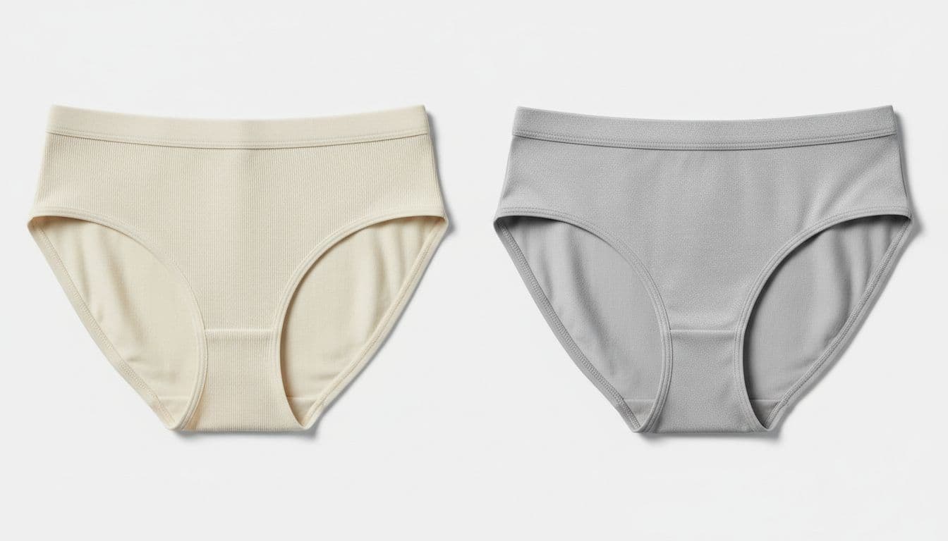 Side-by-side comparison of cotton and synthetic underwear arranged on a white background, close-up of natural fabric textures with soft lighting, high-detail product-focused composition, no people or text.