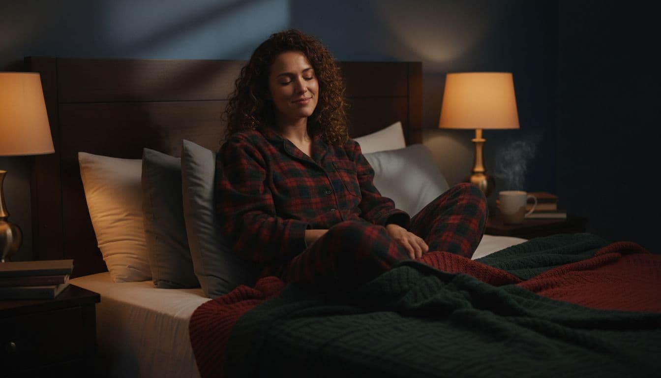 A woman dressed in a thick flannel fabric pajama set lies comfortably under a blanket in a warm bedroom during a winter night, featuring soft warm lighting, cozy composition, dark tones, and realistic full-body style with exactly one person.