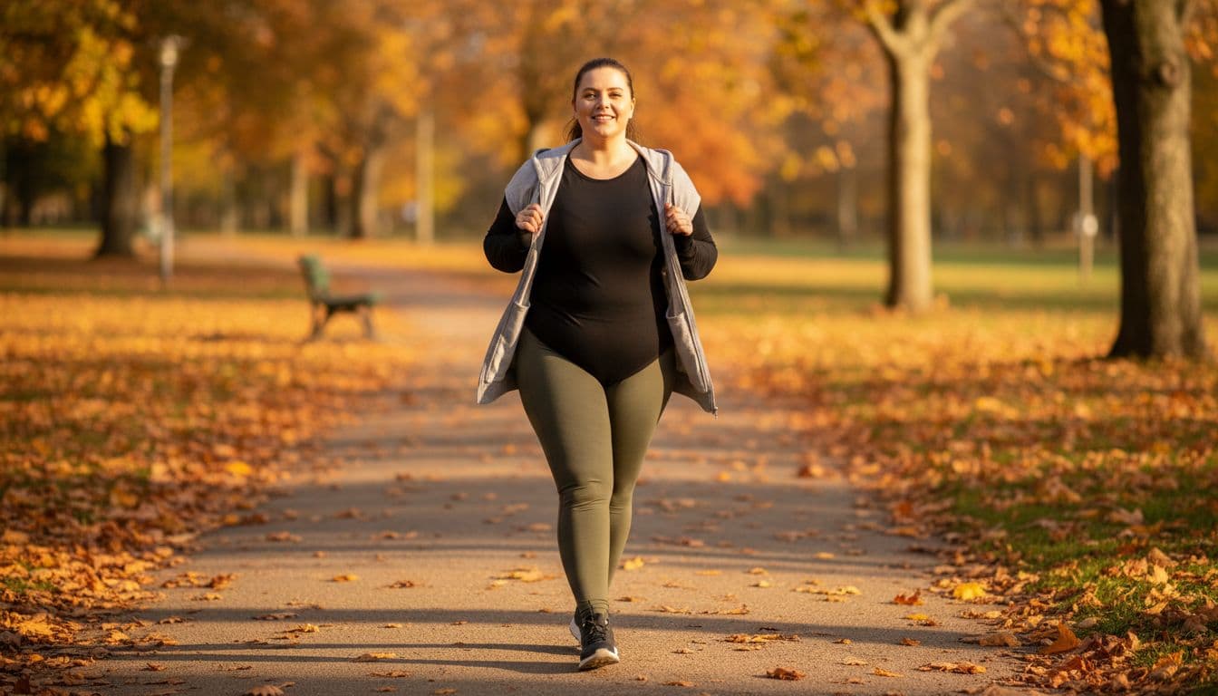 Curvy woman in comfortable long-sleeve body with sporty leggings and hoodie, walking actively in an autumn park under warm fall lighting. Realistic lifestyle photo emphasizing fit, comfort, and natural pose with exactly one person.
