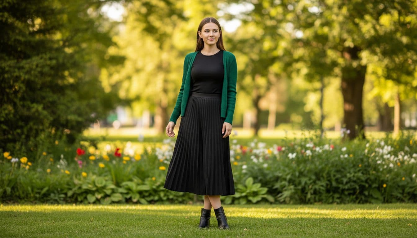 Genç kadın parkta tam vücut kadrajında siyah body, midi pileli etek, ankle bot ve ince hırka ile doğal poz veriyor. Yumuşak gün ışığı, canlı renkler ve gerçekçi moda fotoğrafı stili.