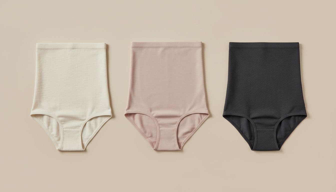 Close-up flat lay of cotton soft texture, seamless, and stretchy shaping fabrics for high-waisted underwear on a neutral background with even lighting.