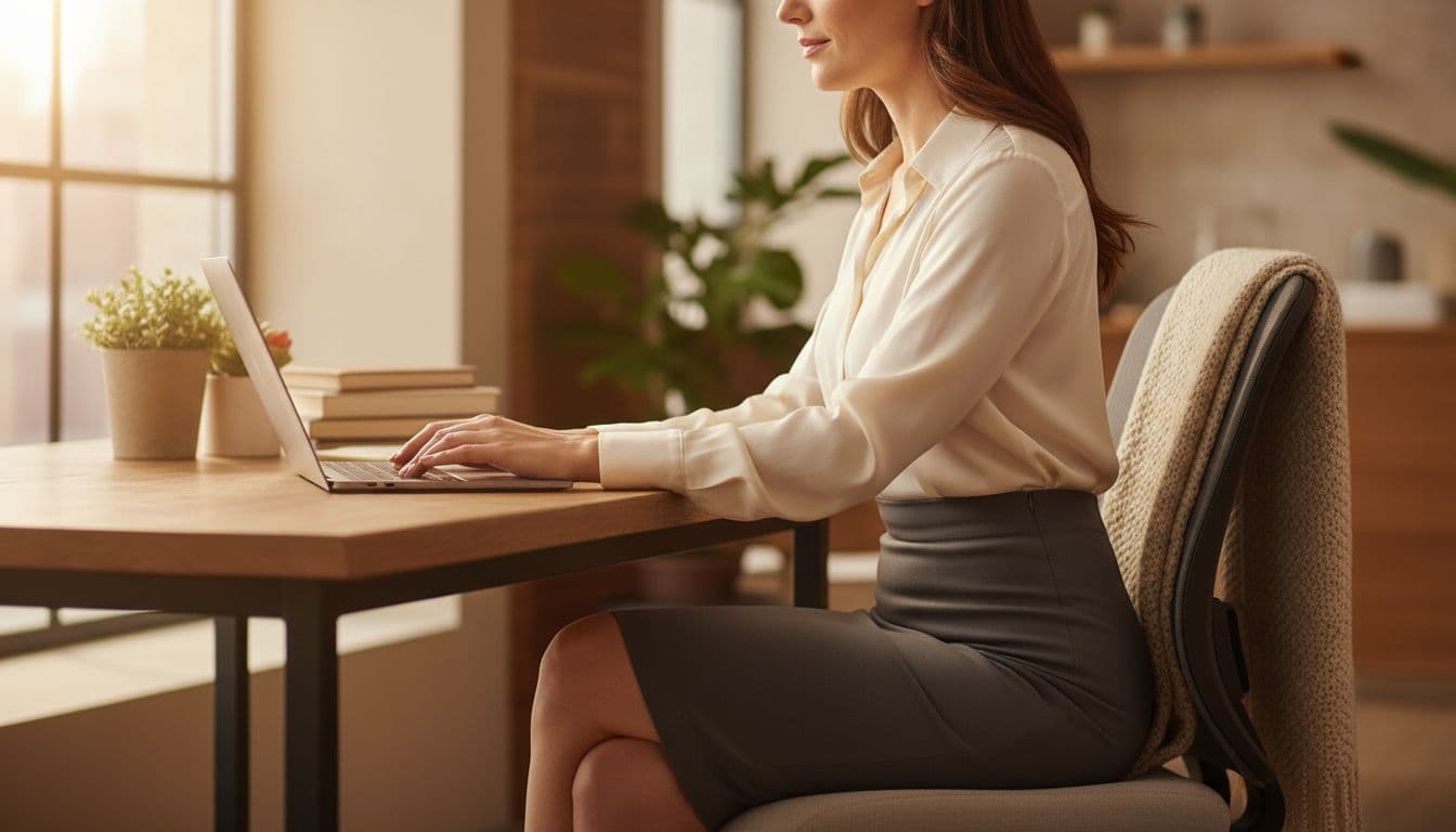 Woman in office attire sitting at desk working on laptop, with high-waisted underwear providing a smooth silhouette under blouse and skirt in a cozy office with midday light.