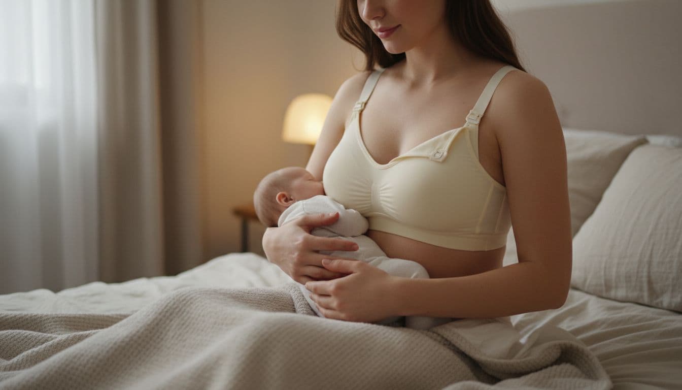 A postpartum mother wearing an easy-access nursing bra sits on a bed with a baby blanket in a warm home environment with soft lighting, focusing on the clothing suitable for sensitive skin.