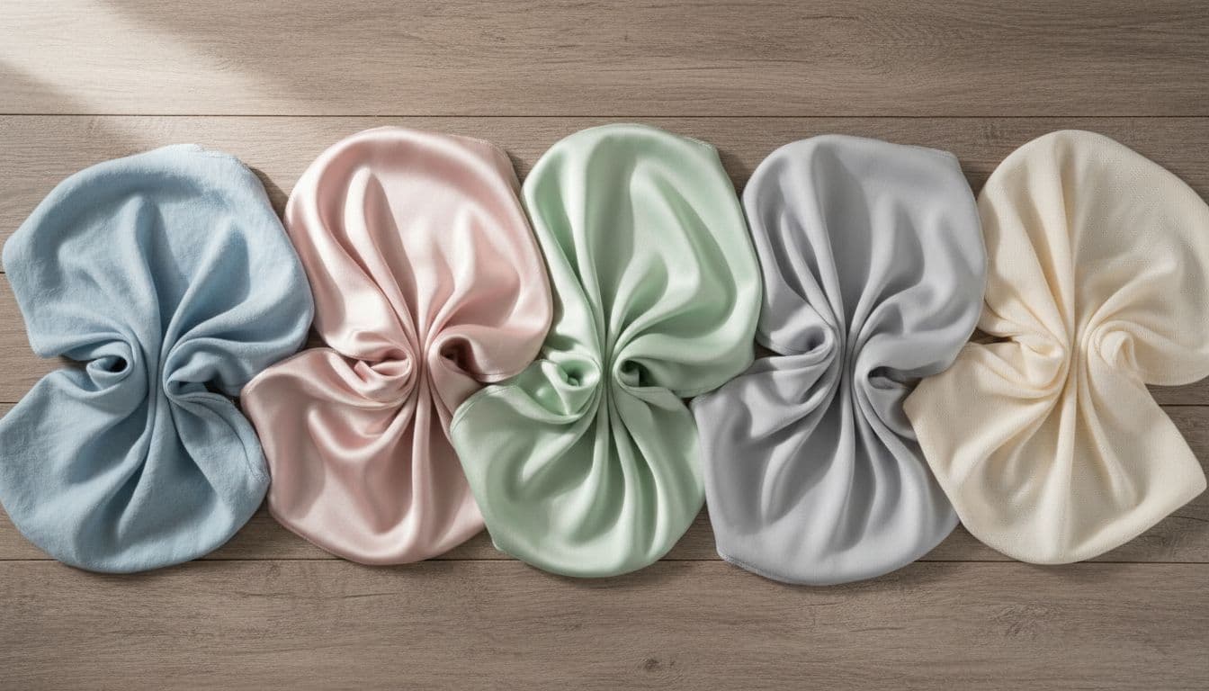 Close-up top-down view of cotton, satin, viscose, modal, and penye nightgown fabrics in soft pastel colors on a wooden table, highlighting their subtle textures.