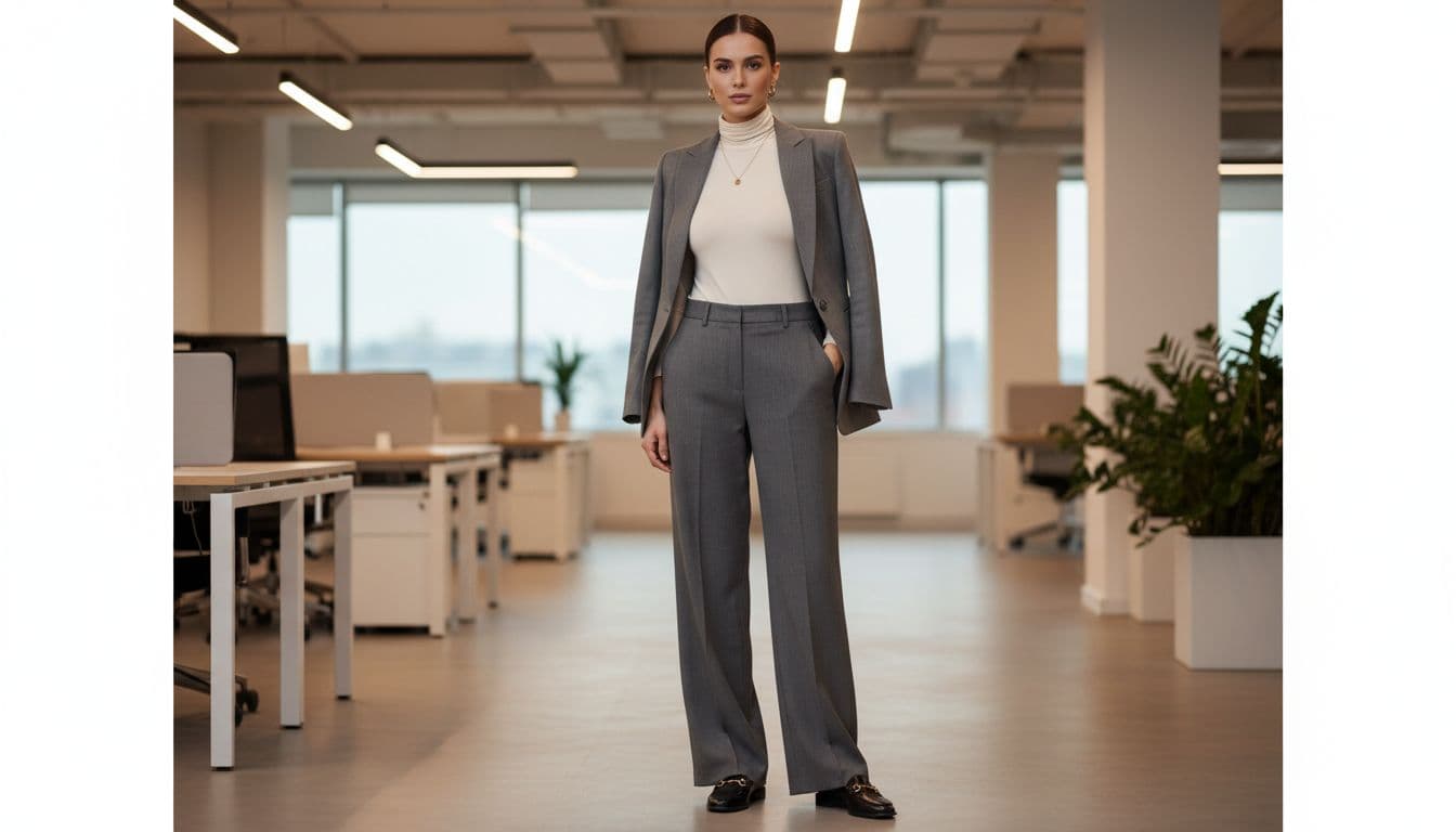 Elegant woman in a neutral turtleneck bodysuit under a tailored blazer, matched with wide-leg fabric pants and loafers, standing confidently in a modern workspace with soft indoor lighting.