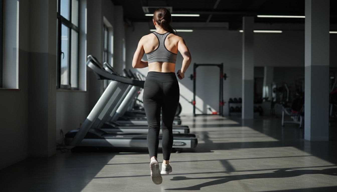 Spor salonunda racerback spor sütyen giymiş genç bir kadın koşarken tam vücut görünümü sunuyor. Dinamik poz, doğal ışık ve gerçekçi fotoğraf stili ile geniş omuzlar ve sırt vurgusu yapılmış.