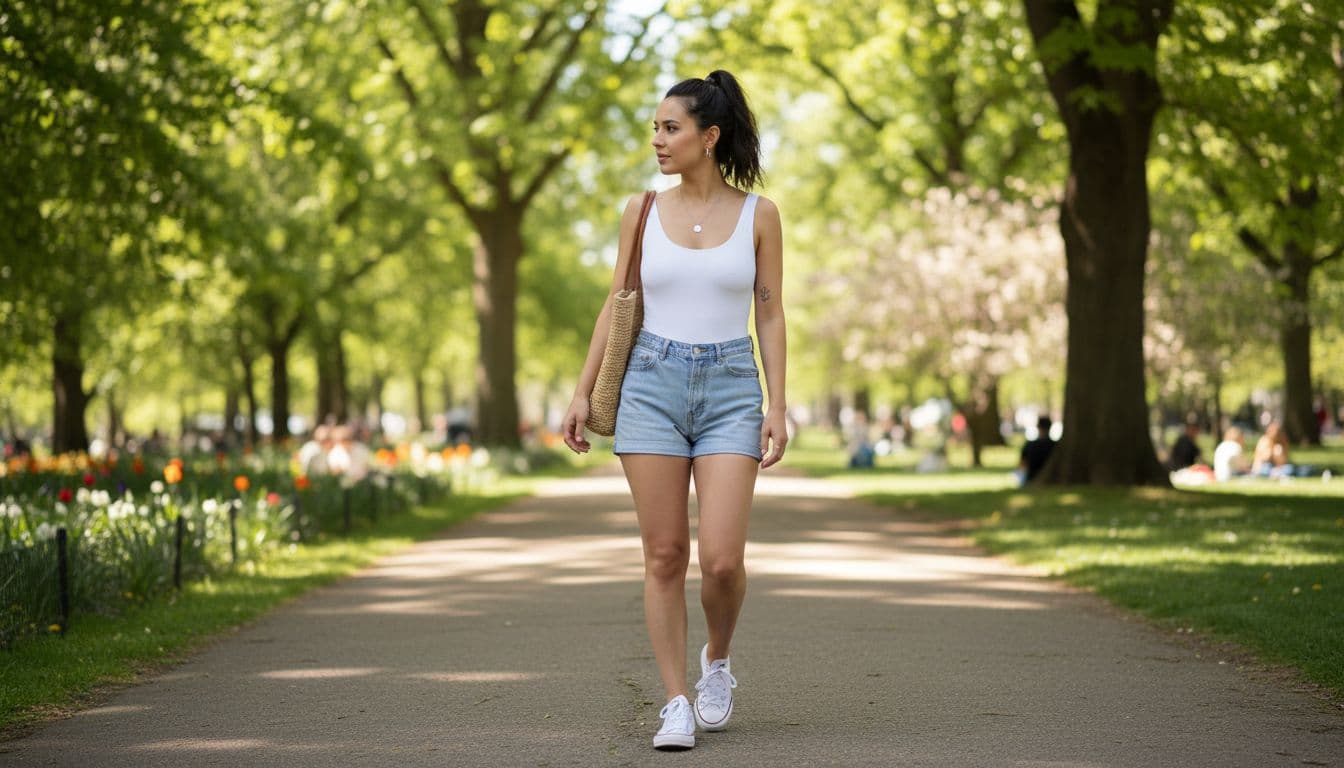 Orta boylu kum saati vücut tipinde kadın, basic beyaz body ile kot şort ve sneaker giyerek hafta sonu parkta yürüyor, rahat casual stil, güneşli gün ışığı, tam vücut.