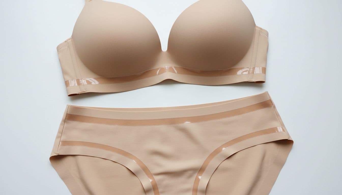 Close-up product photo of a seamless nude-colored women's lingerie set including bra and panties, featuring visible laser-cut edges and non-slip silicone strips on a plain white background with bright natural light.