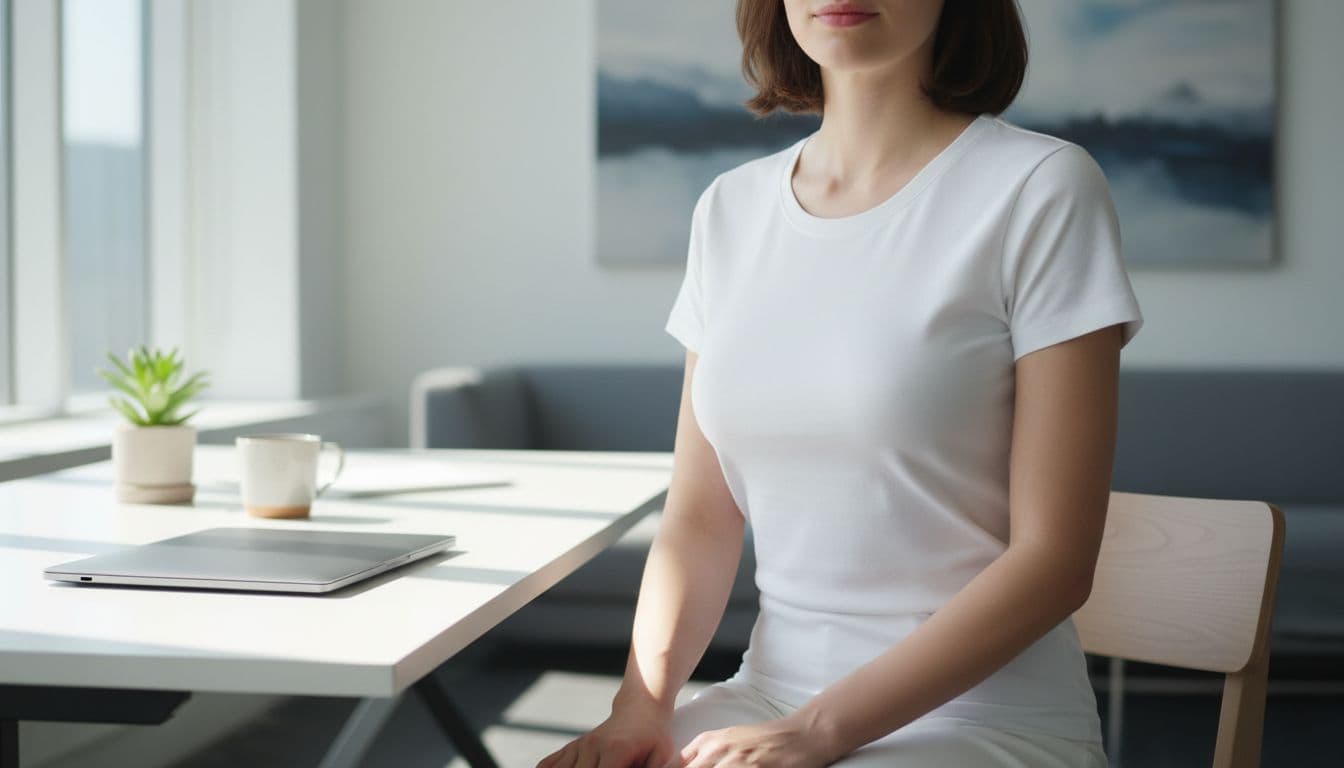 A woman sits at a modern office desk wearing a white t-shirt over a seamless t-shirt bra for a smooth, line-free appearance. Realistic style with bright daylight and half-body framing.