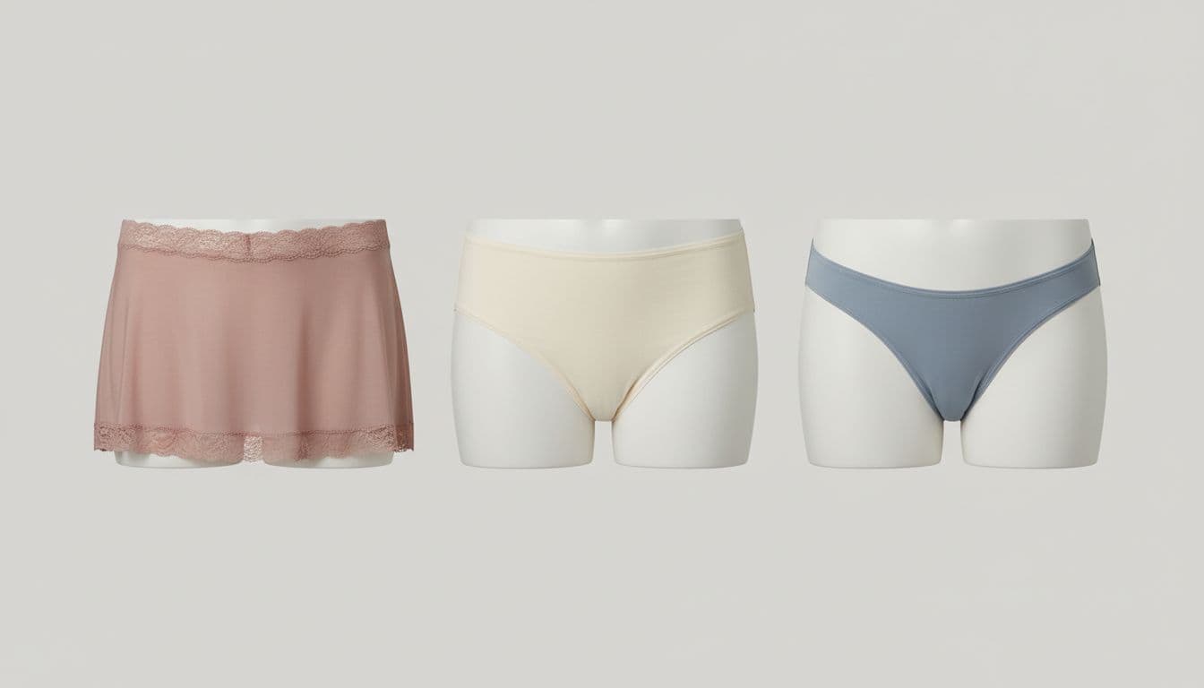 Side-by-side comparison of three women's underwear models: slip, boyshort, and tanga, displayed on mannequins against a neutral background with soft lighting. Clean product shot featuring exactly three items, no people, text, or logos visible.