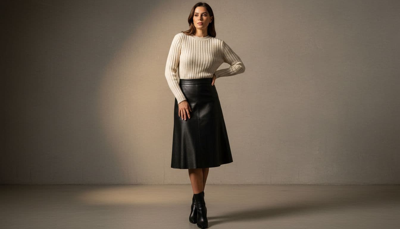 A stylish woman in textured örme body top with ribbed knit, high-waist leather skirt, and ankle boots, posing elegantly in a minimalist studio with warm spotlight lighting highlighting fabric textures.