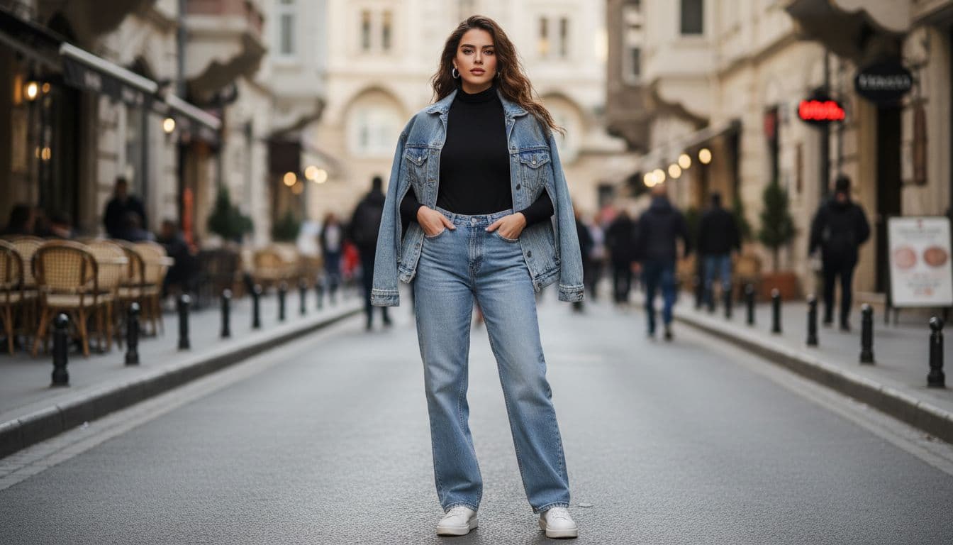 A stylish Turkish woman in a fitted black turtleneck bodysuit tucked into high-waisted blue jeans, white sneakers, and oversized denim jacket poses relaxed on a city street in natural daylight.