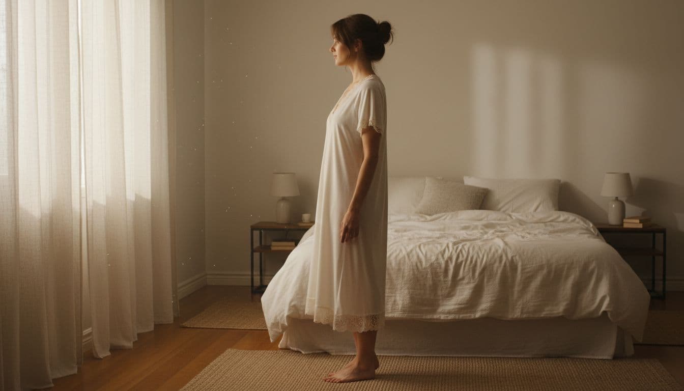 A single woman stands relaxed in a light, breathable cotton summer nightgown in a cozy bedroom with soft morning light filtering through curtains, full body side view.