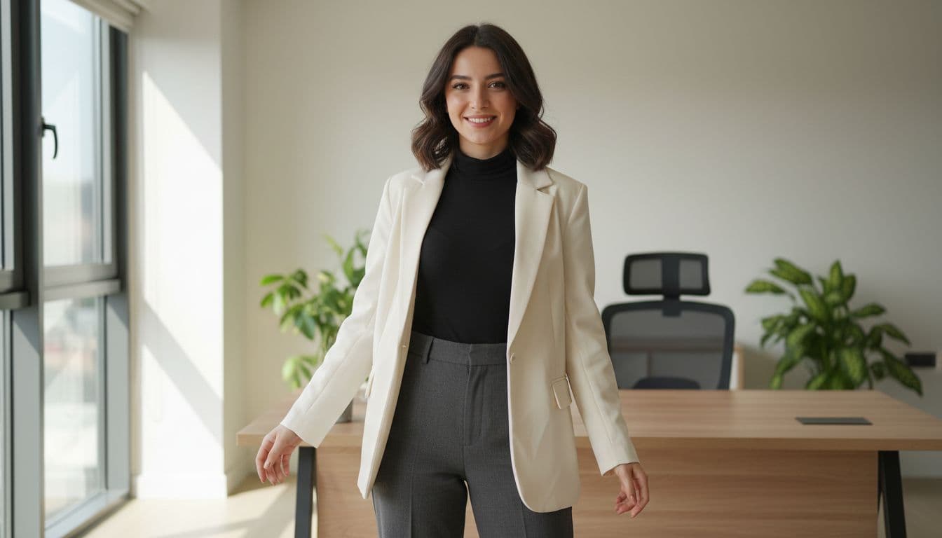 Confident young Turkish woman in black long-sleeve turtleneck under blazer and high-waisted trousers, standing in modern home office with natural light.