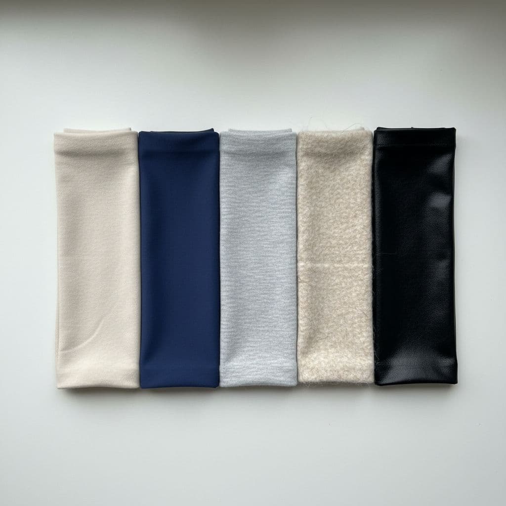 Close-up of fabric swatches for turtleneck bodysuits including soft cotton, smooth viscose, modal blend, wool mix, and stretchy lycra, laid flat on a white table with natural light highlighting detailed fiber textures. Square composition with no people, text, labels, or borders.
