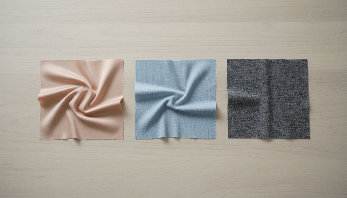 Overhead view of three small fabric swatches on a neutral wooden table: smooth pure viscose (left), stretchy viscose-elastane blend (middle), and durable viscose-polyester mix (right), in photorealistic style with soft natural lighting.