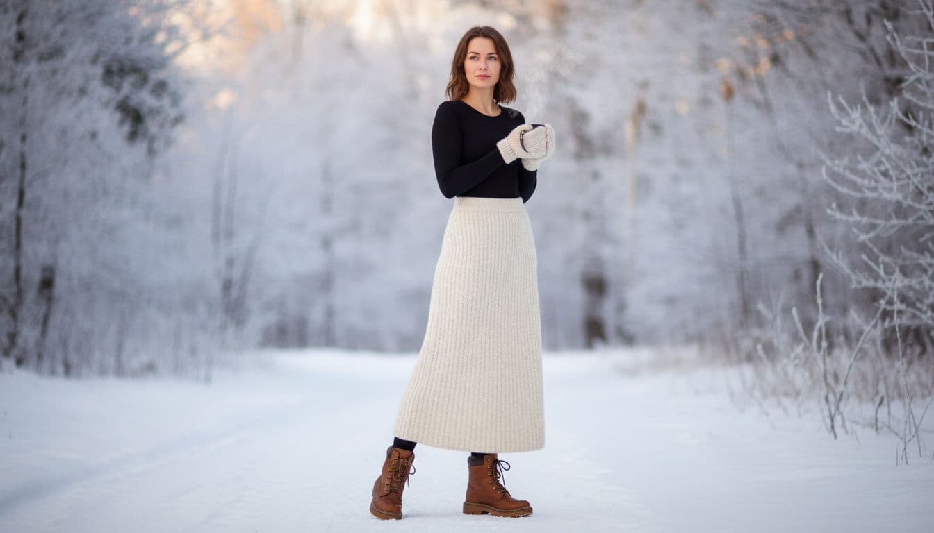 A single woman in full body view layers a body top under a thick wool skirt and boots in a snowy winter setting with cozy warm lighting, realistic style, no extra items or people.