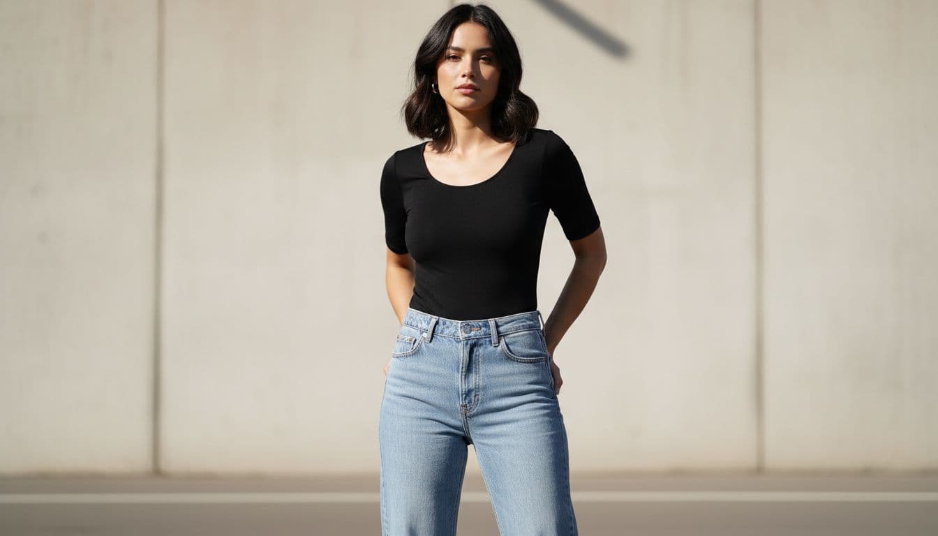 A single woman wearing a fitted black body top tucked into high-waisted straight jeans pants, standing in a casual urban setting. Full body view from waist up in realistic fashion photography style with natural daylight lighting and clean background.