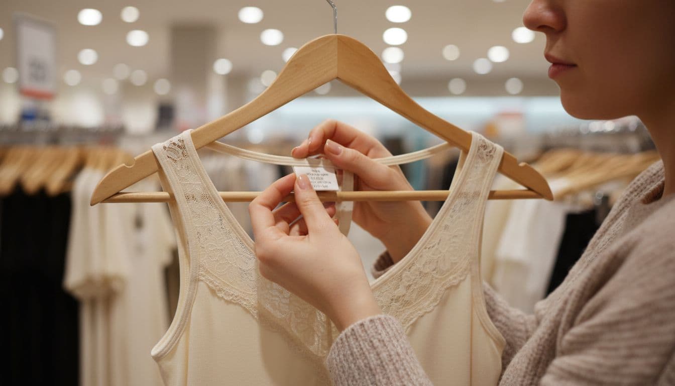 A woman stands in a clothing store aisle, holding a hanger with a viscose combination undergarment relaxed in one hand while inspecting the fabric label closely, under soft store lighting with focus on the label area.