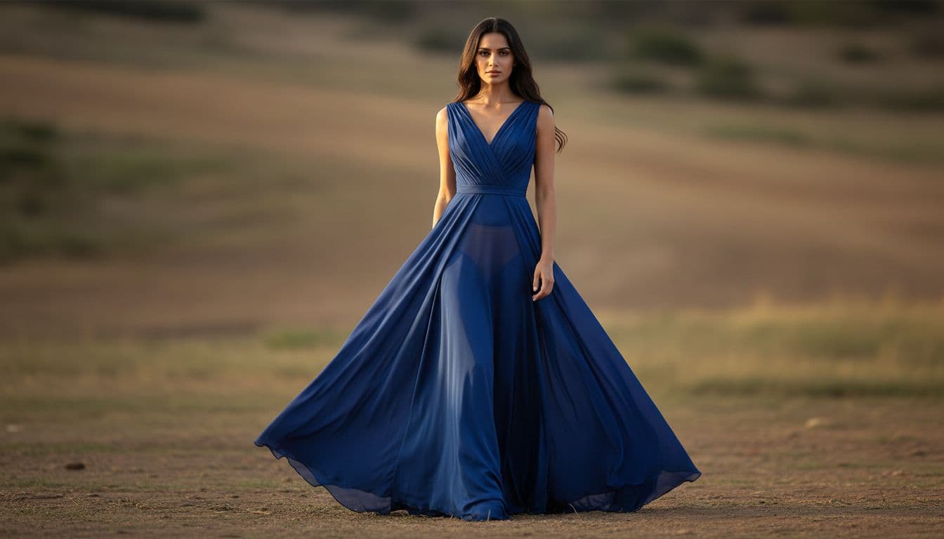 A woman poses standing in a long flowing blue dress, wearing seamless laser-cut nude lingerie underneath that leaves no visible lines. Full body realistic photo in soft natural light, exactly one person.