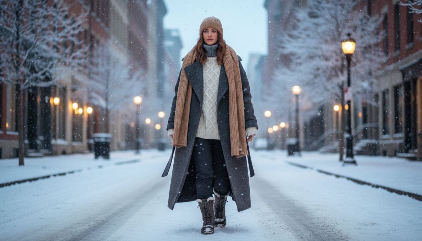 A single woman in a thick long-sleeve turtleneck winter bodysuit made of gray wool blend, layered with a chunky knit sweater and long coat, stands full-body on a snowy urban street in a cozy winter atmosphere with soft diffused cold lighting.