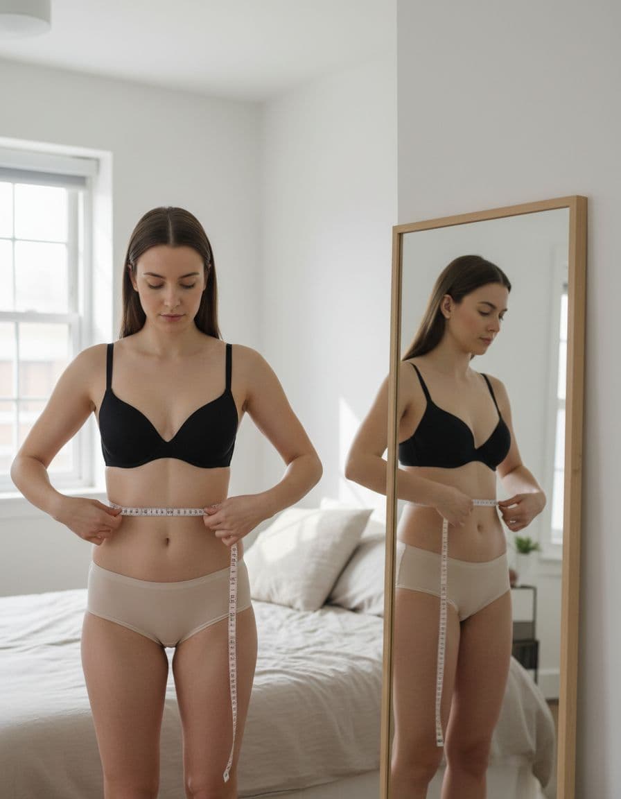 A realistic photo of a single woman measuring her underbust and bust with a tape measure in front of a mirror in a simple bedroom with natural light.