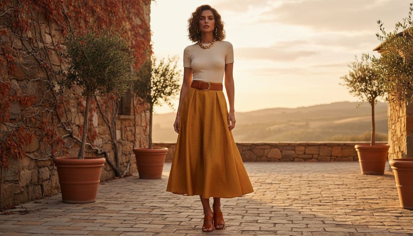 One woman posing confidently outdoors in a short-sleeve body top paired with a midi A-line skirt, full body composition under soft natural light with warm tones in high fashion style.