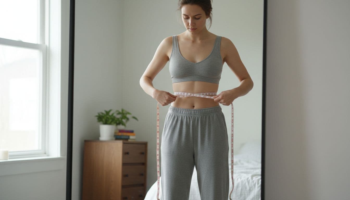 A single woman stands in front of a home mirror, measuring her underbust with a tape measure in a simple home environment with natural daylight, realistic full-body photo.