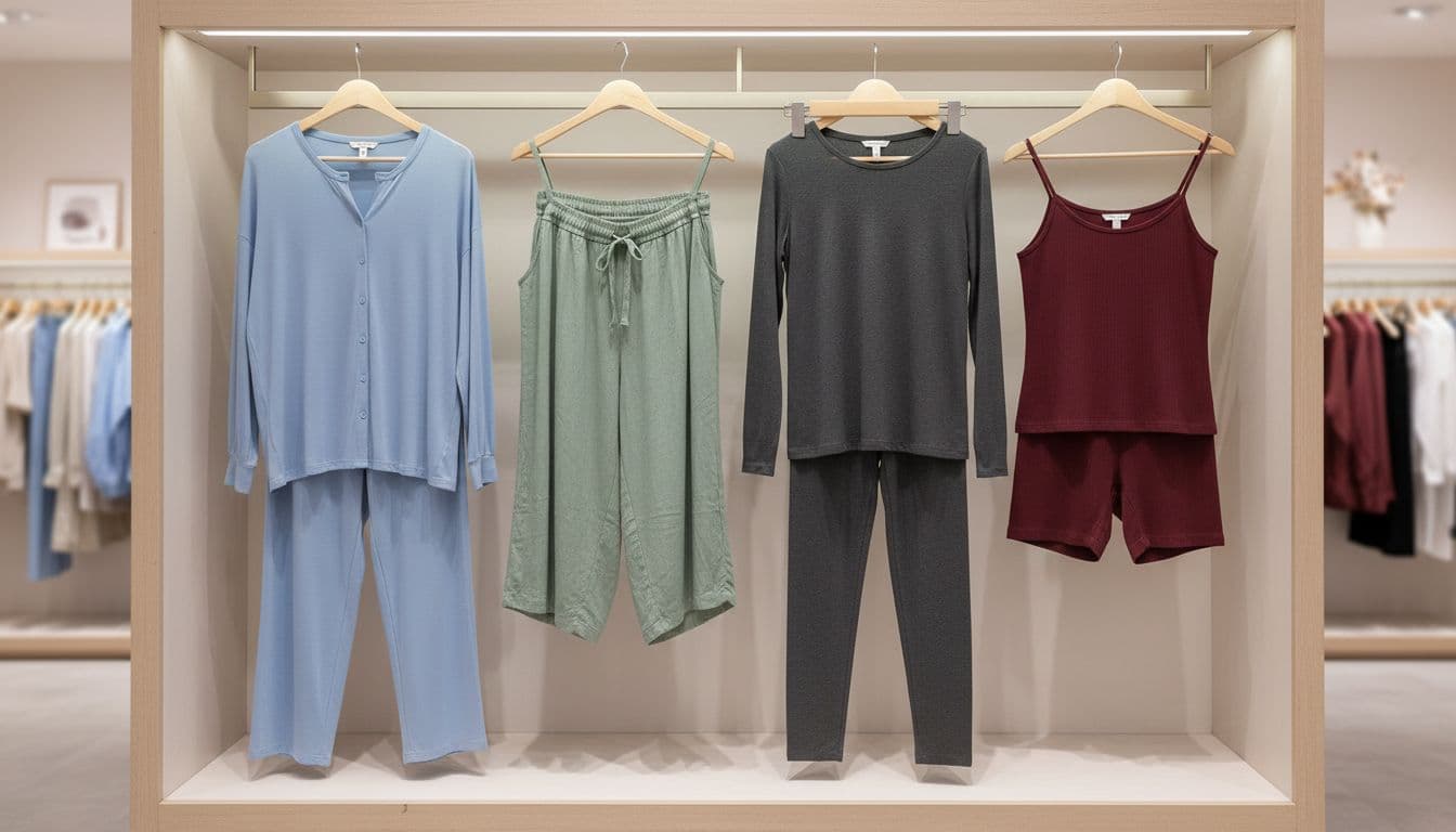 Women's pajama sets in loose and tight cuts hanging side by side on a store shelf, realistic product photo with clear lighting, no people or branding.