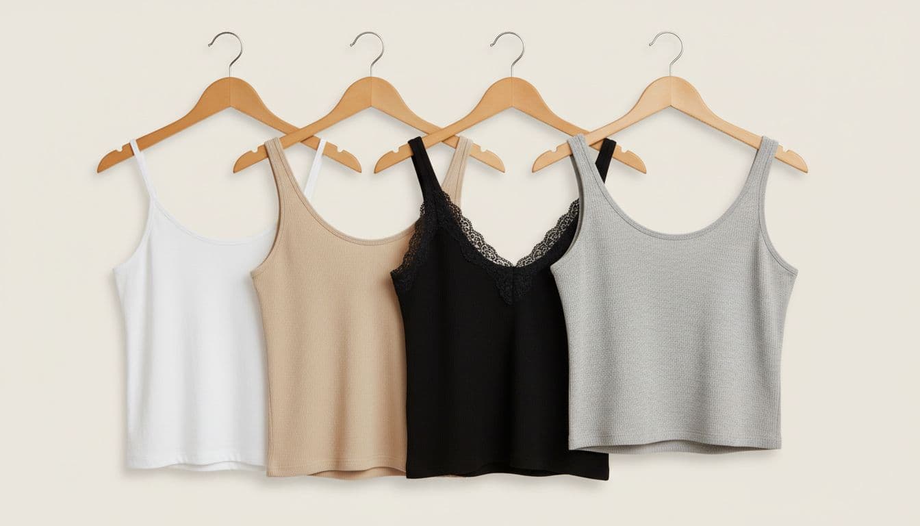 Neat arrangement of four women's cotton tank tops hanging on wooden hangers against a clean neutral background: thin strap white, wide strap beige, lace trim black, and crop hem gray.