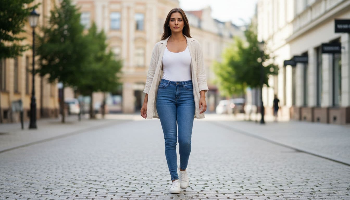 Young woman full body walking relaxed on city streets in white body top, tight blue jeans, sneakers, and light jacket. Natural daylight, bright colors, realistic photo style, wide frame.