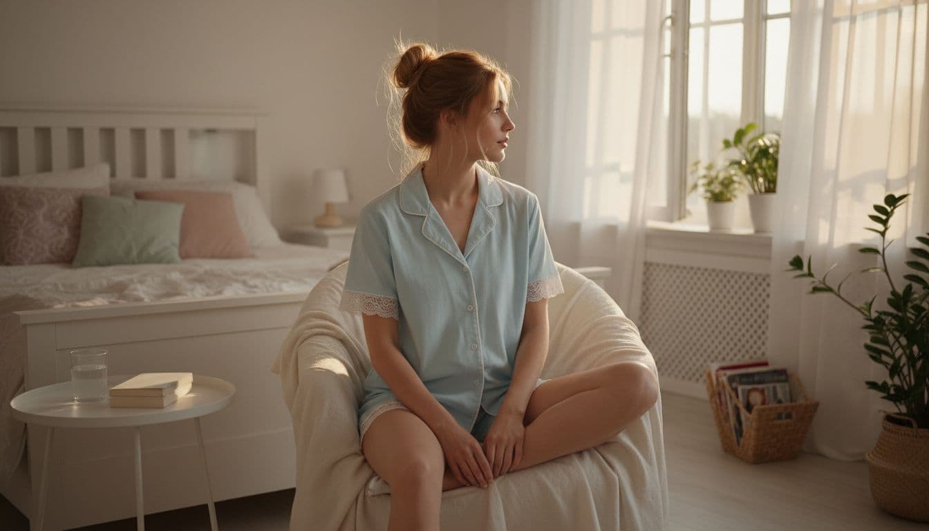 A young woman wearing a light cotton pajama set sits in a summer night bedroom, with soft natural light, comfortable airy composition in pastel tones, realistic style, full body view.
