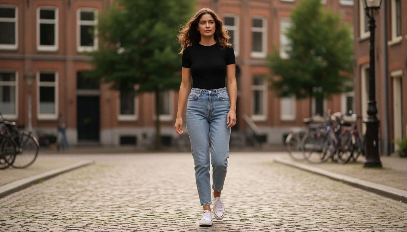 A young woman wearing a body top, high-waist mom fit jeans, and sneakers in a weekend casual street style, walking in a natural daylight urban setting. Realistic style with exactly one person, no text or brands visible.