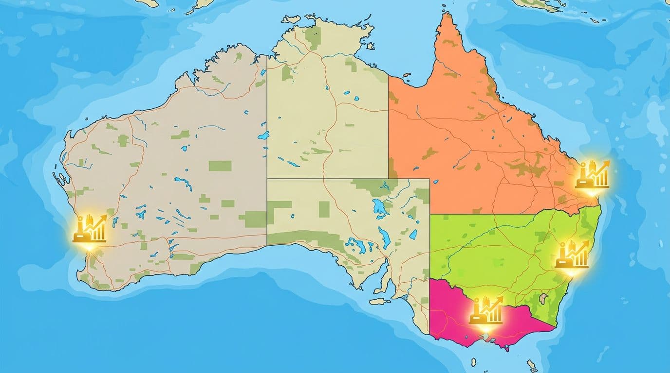 Detailed landscape map of Australia highlighting states Victoria, New South Wales, and Queensland with glowing golden job icons over major cities Melbourne, Sydney, Brisbane, and Perth in modern infographic style.