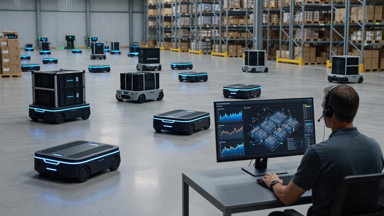 Several autonomous robots glide across a pristine industrial warehouse floor near a control station. A worker monitors technical facility maps and performance data displayed on a glowing screen in the foreground.