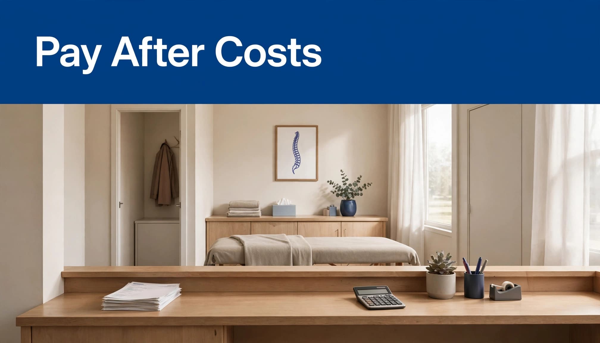 A clinic reception counter with papers and a calculator below a blue banner reading 'Pay After Costs'.
