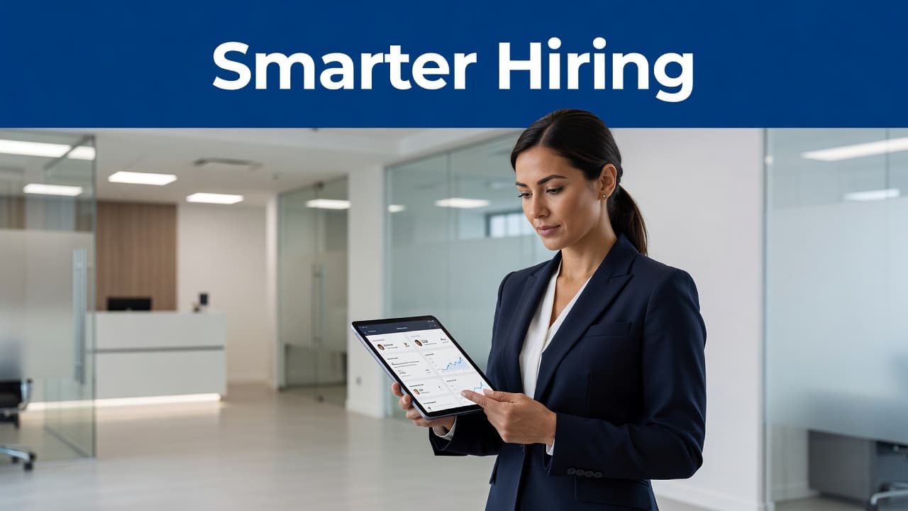 A clinic manager using a tablet to evaluate job candidates in a professional office.