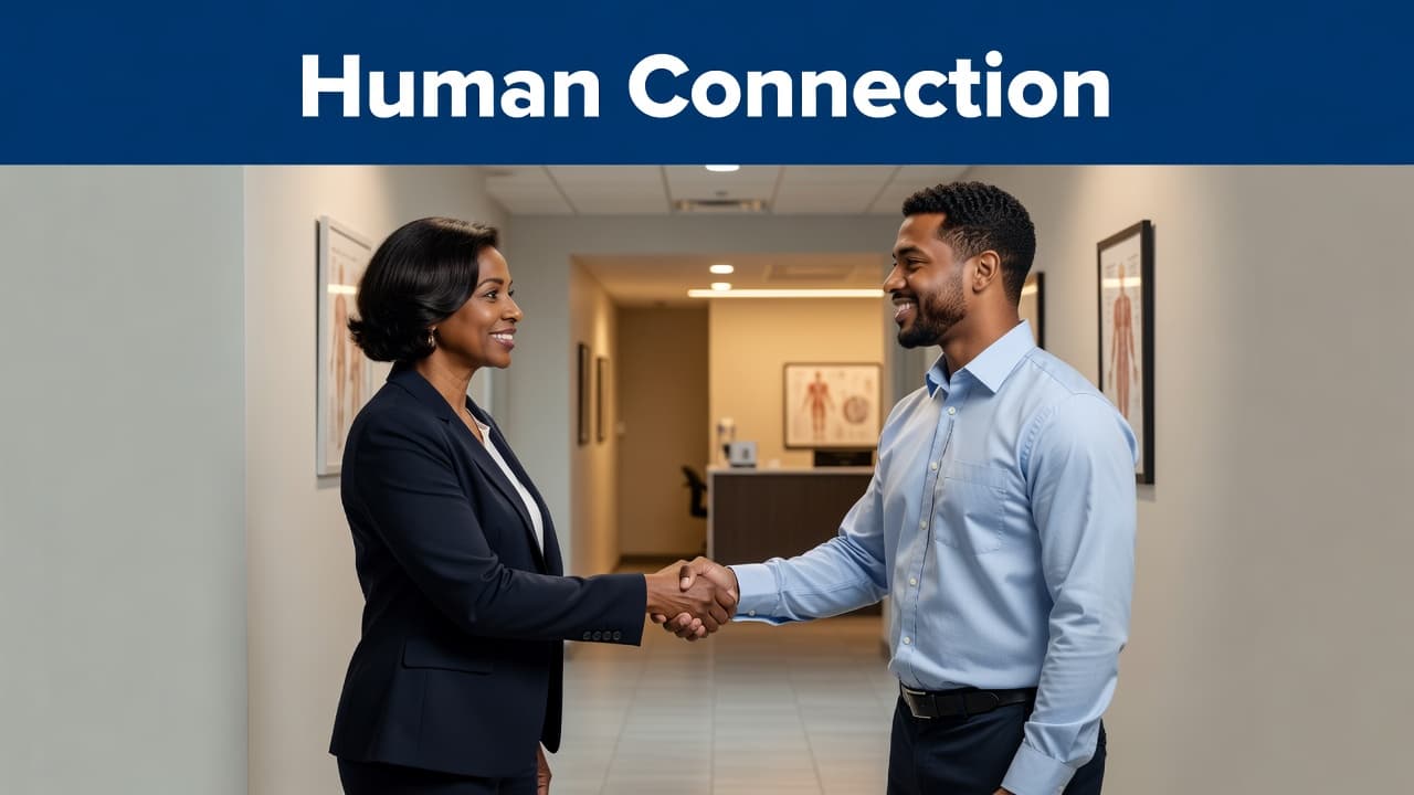 A manager and a new hire shaking hands in a bright clinic hallway under a blue banner.