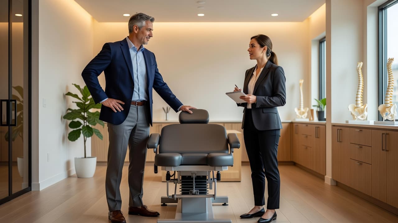 A seasoned chiropractor stands beside an adjustable treatment table while guiding an attentive student. They are surrounded by modern clinic equipment in a room bathed in warm, professional, natural afternoon lighting.