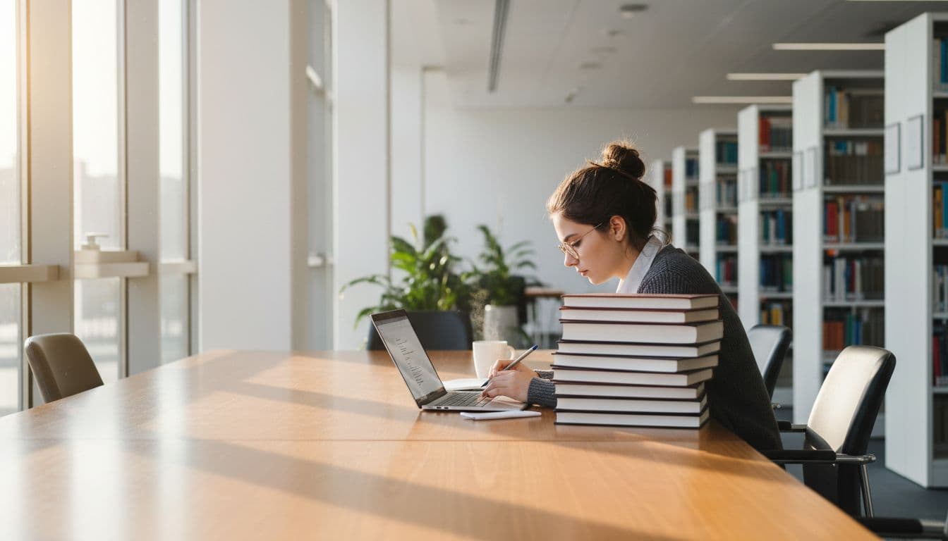 A focused student sits at a desk with medical textbooks and a laptop in a bright library.