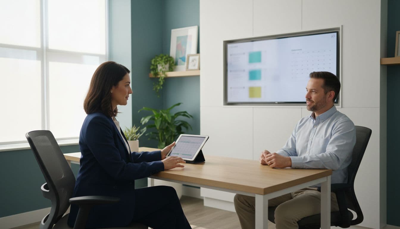 A chiropractor sits at a modern office desk discussing health notes with a patient.