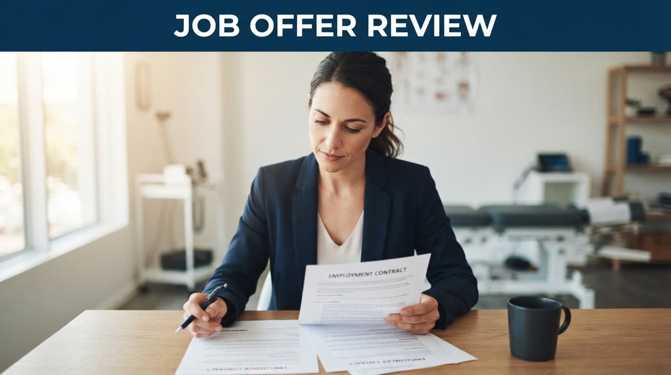 A chiropractor reviews employment papers at a bright clinic desk.
