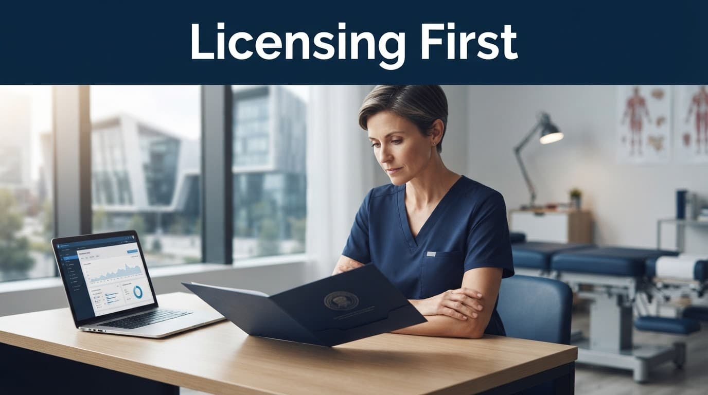 A chiropractor reviews licensing documents beside a laptop in a modern clinic.